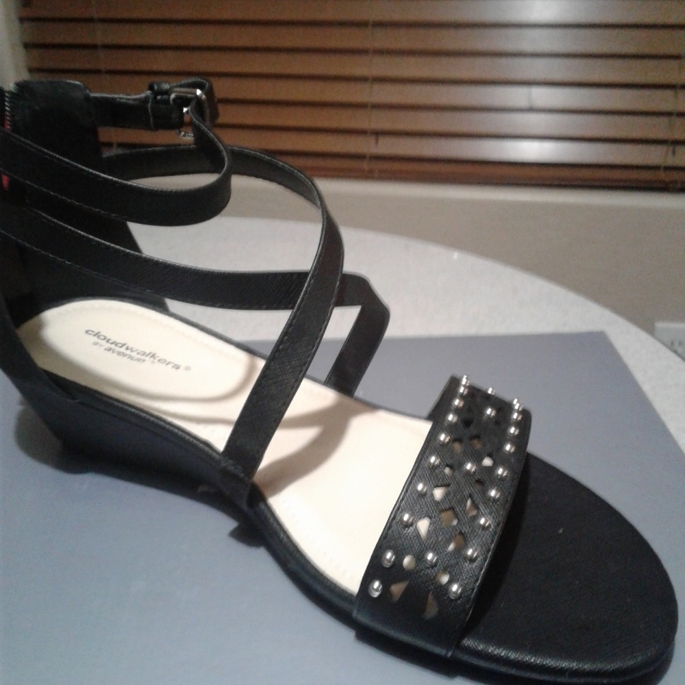 Women's black studded wedge sandals 9w ON SALE NOW